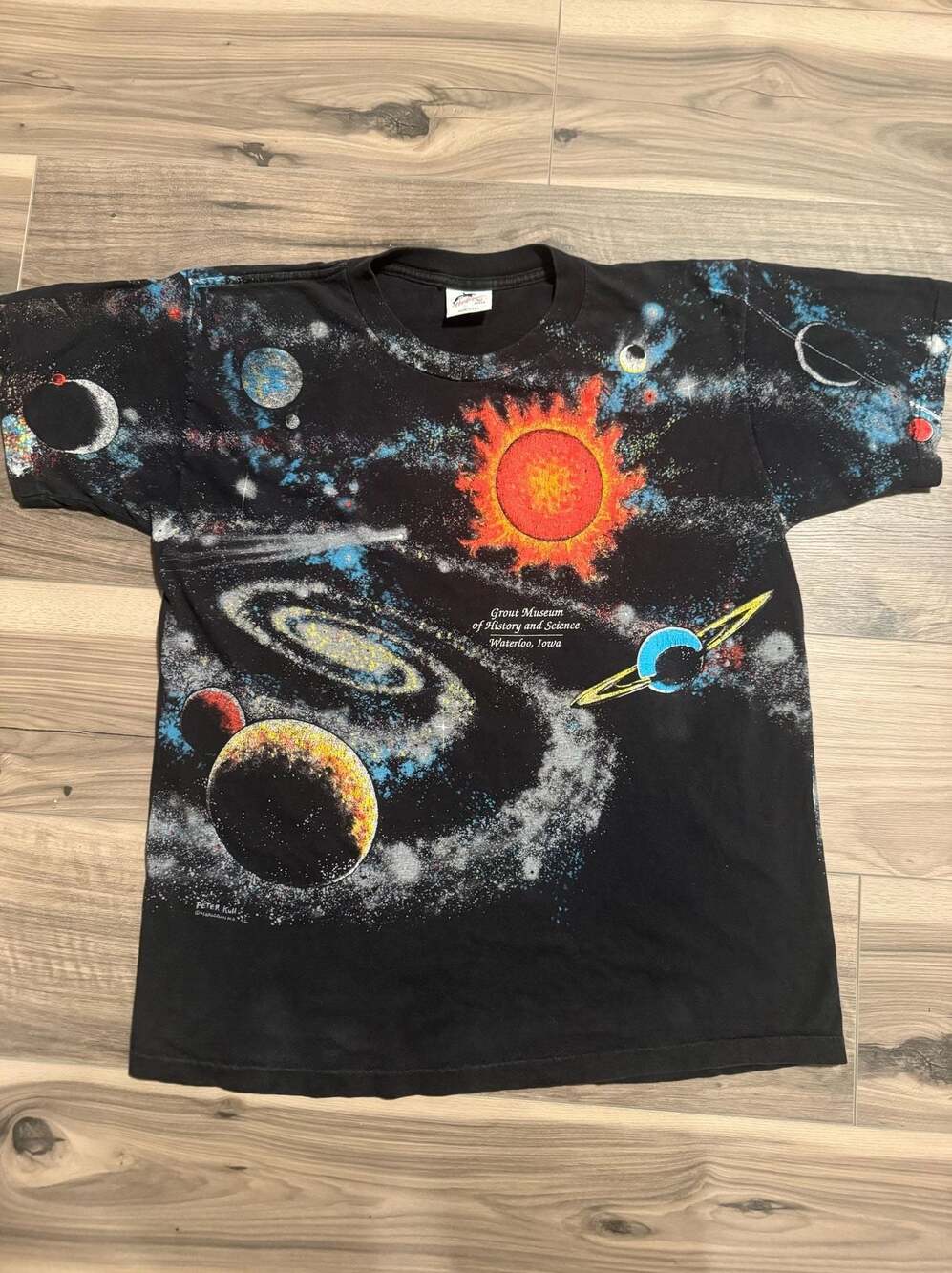 Vintage 1992 Harlequin Art T-Shirt Museum Space Galaxy All Over Print Peter Kull